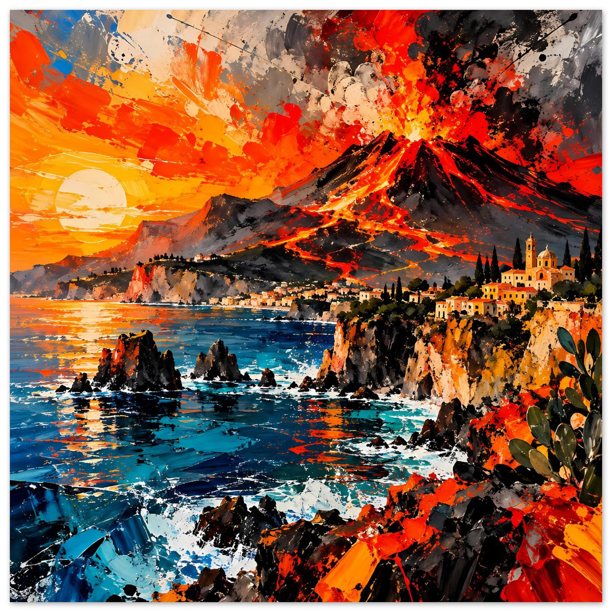 Hochformat-Poster mit Vulkaneruption, Farbexplosionen in Orange, Rot und Blau