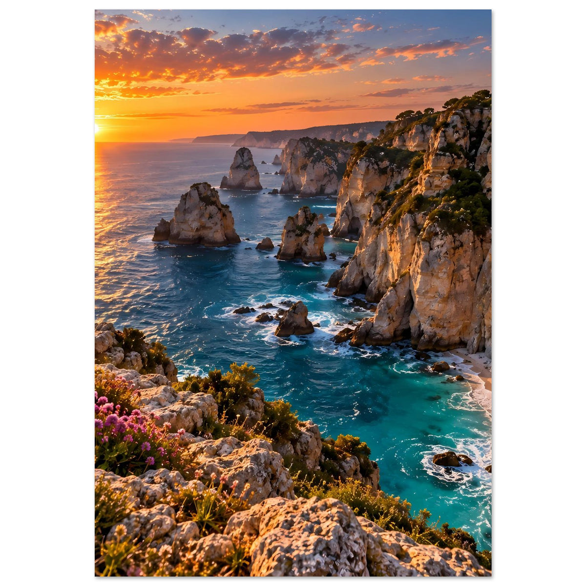 Küstenposter im Hochformat mit Küstenfelsen, türkisfarbenem Wasser und warmem Sonnenuntergangshimmel