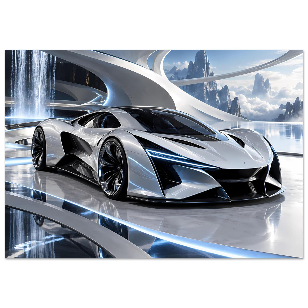 Poster mit silbernem Supersportwagen und scharfen schwarzen Lufteinlässen, futuristische Beleuchtung