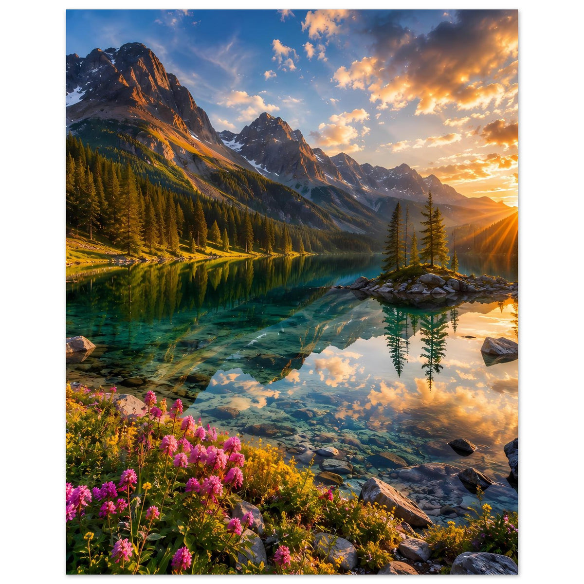 Wandposter mit Bergtal und Flusssee, starker Sonnenschein rechts und blühende Pflanzen