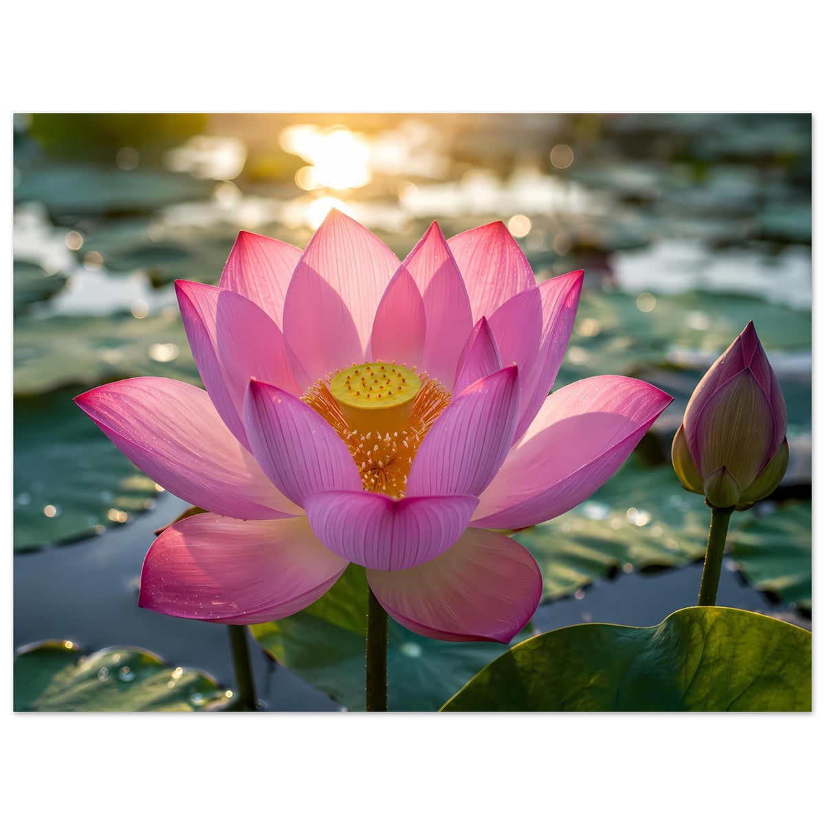 Poster mit rosa Lotusblüte im Wasser, ganzer Blütenstand und Knospe rechts im Bild.