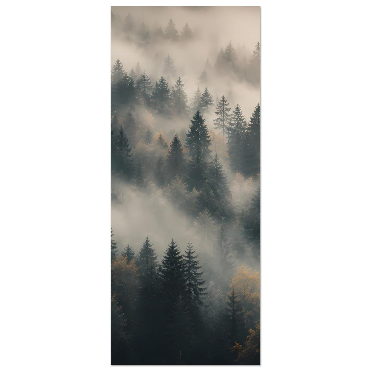 Hochformatiges Waldposter mit Tannen im Nebel, vertikale Ansicht mit dichter Baumreihe