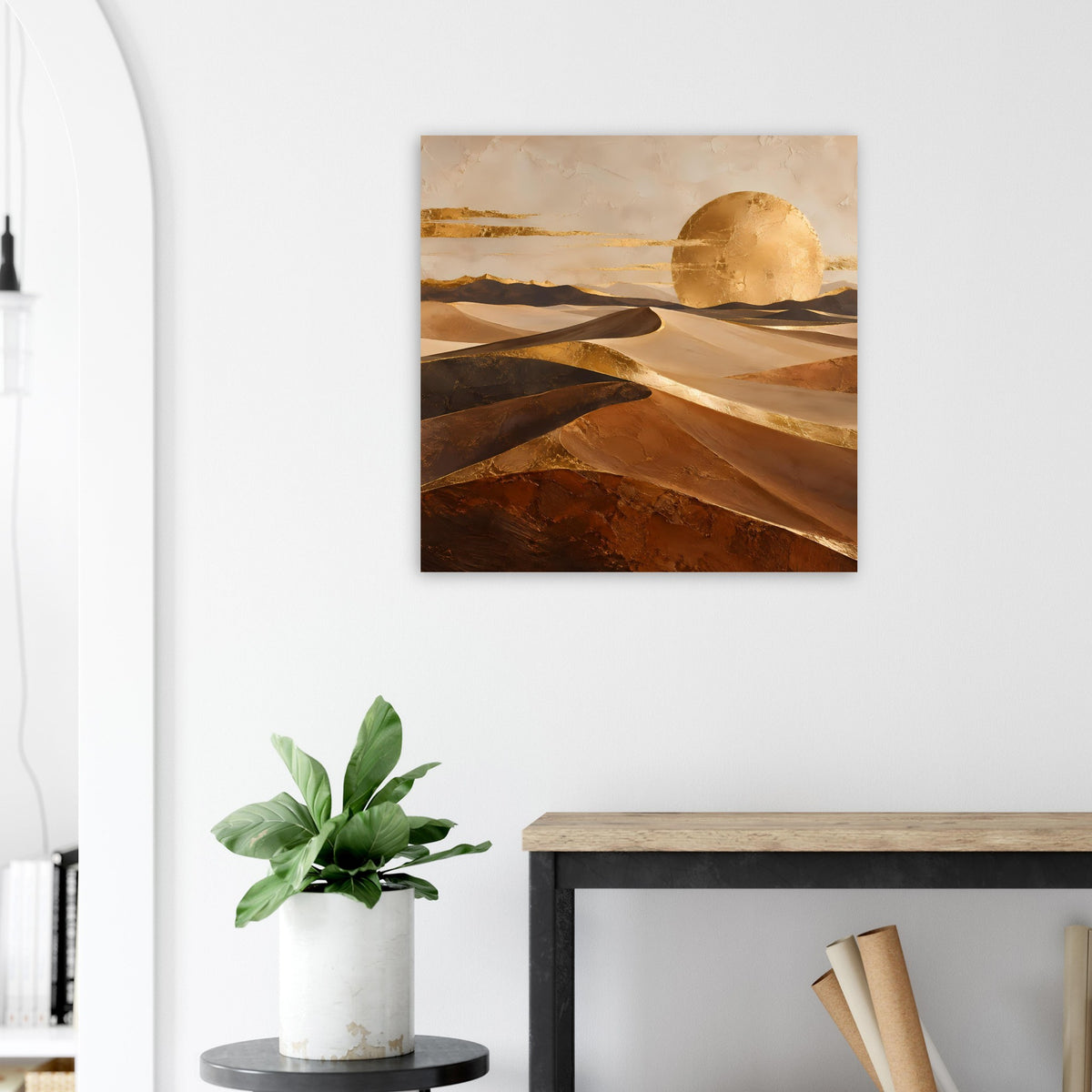 Quadratisches Poster mit Wüstenhorizont und goldener Sonne