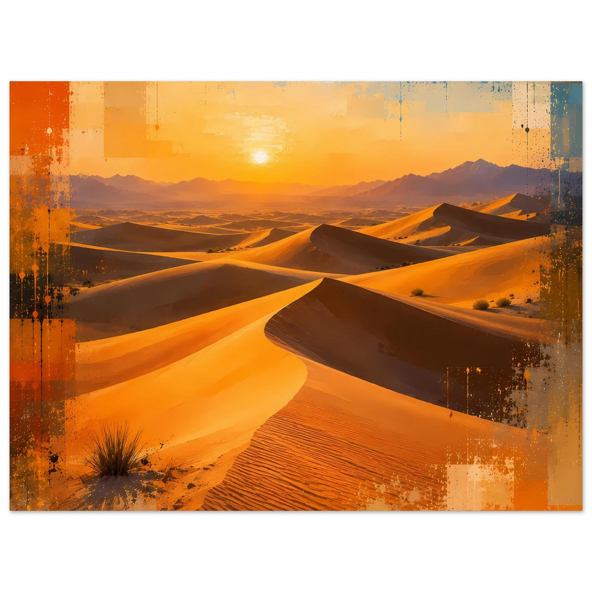 Wandposter horizontal mit Wüstenlandschaft, Sonne tief im Himmel, warme Erdtöne und Sprenkel