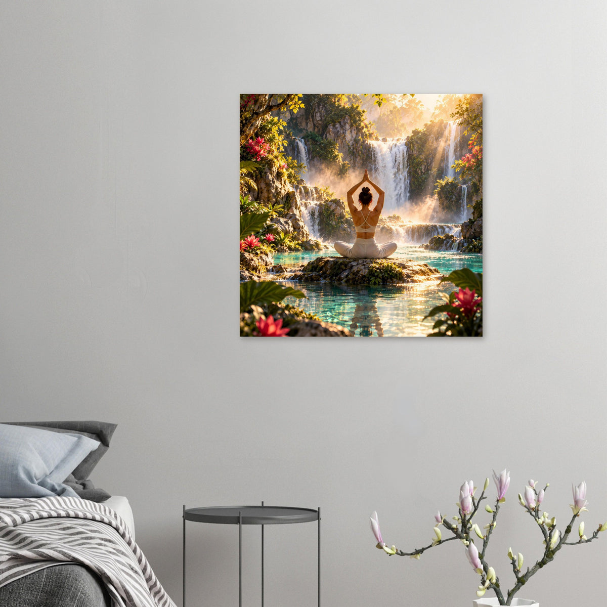 Yoga-Meditationsposter mit Frau in Lotusposition vor Wasserfall und Naturkulisse