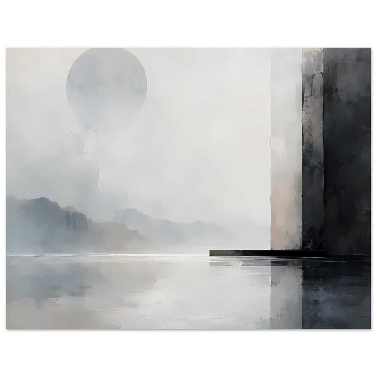 Kunstdruck im Querformat: neblige Berge, helle Sonnenscheibe links, dunkle Säule und Balken rechts