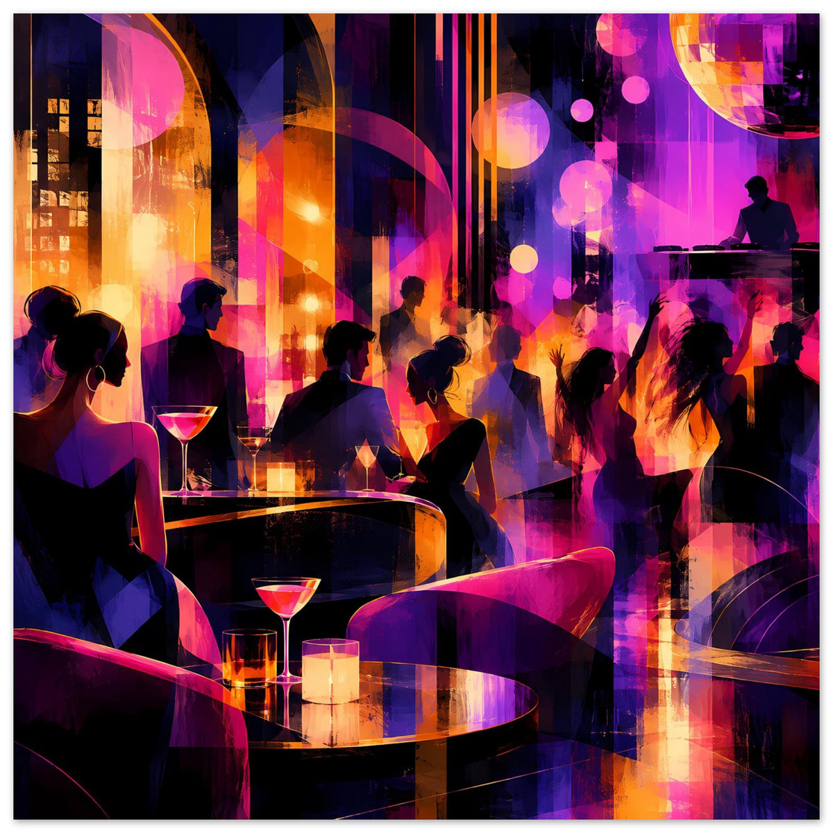 Nachtleben-Poster: Lounge-Szene mit Barhockern, Drinks und bunten Lichtreflexen
