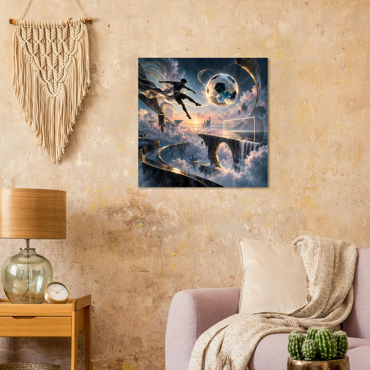 Poster mit Fußballspieler-Szene, Planet und Lichtspuren in Blau, Grau und Gold
