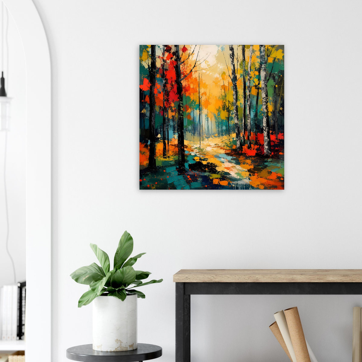 Quadratisches Poster mit farbenprächtigem Waldweg, orange, gelb und türkis gezeichnet