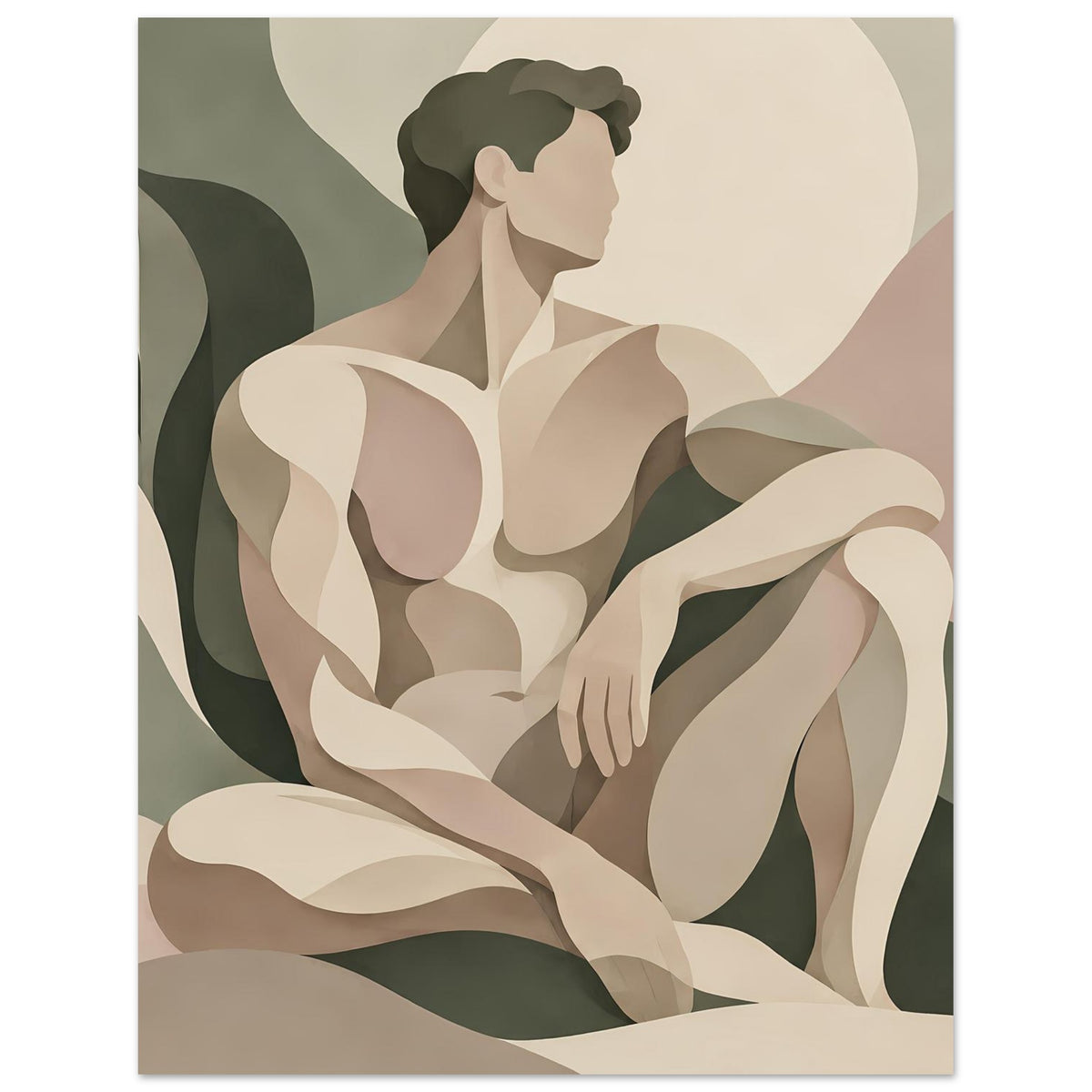 Abstraktes Poster (hochkant): Silhouette eines Mannes, erdige Beige-, Grün- und Rosatöne