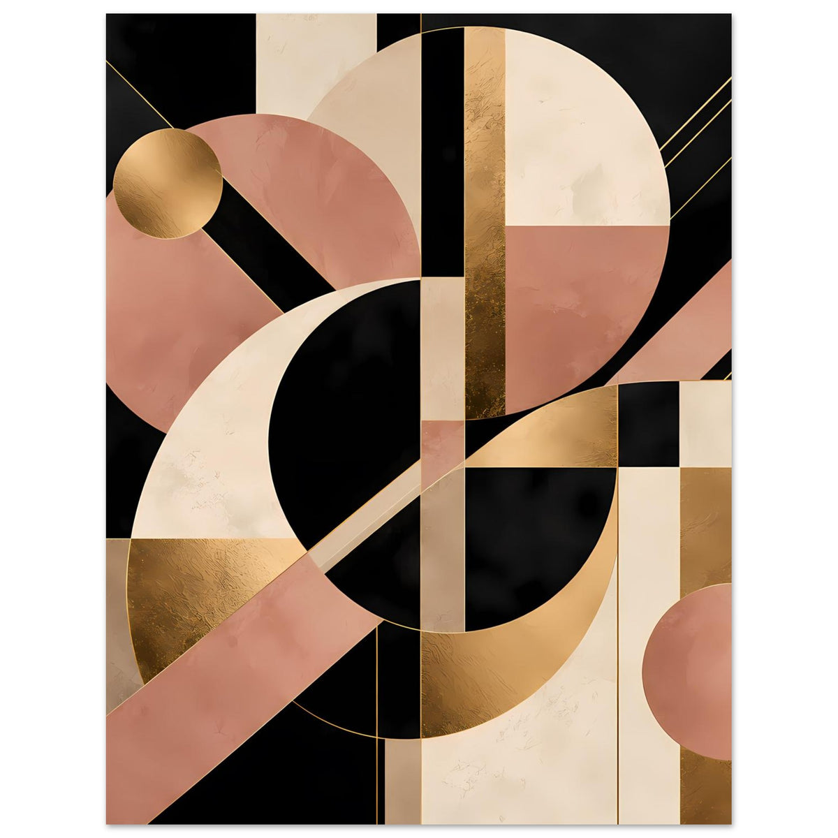 Geometrisches Art-Deco-Poster mit Goldkugel links oben, Kreisen und Bändern in Schwarz und Blush