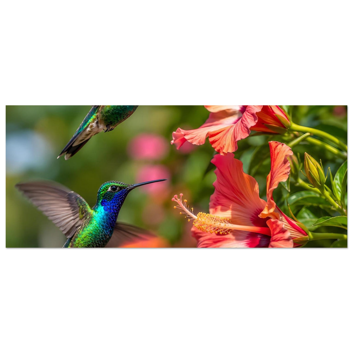 Horizontales Poster: Kolibri zwischen orange-roten Hibiskusblüten