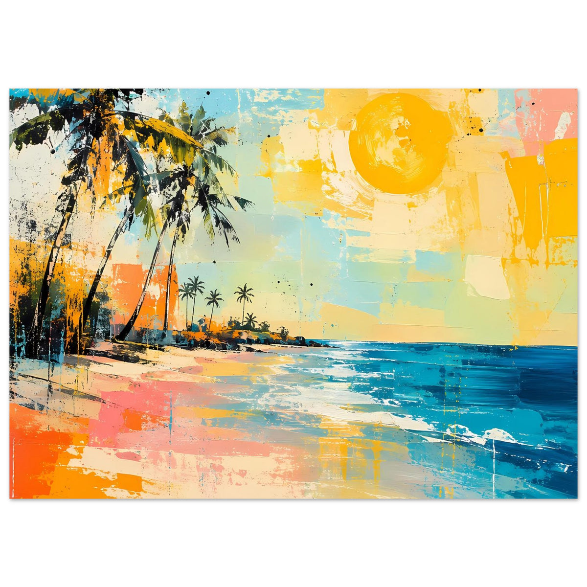 Tropisches Strand-Poster im Querformat mit Palmen, gelber Sonne, orangefarbenem Strand und Meer