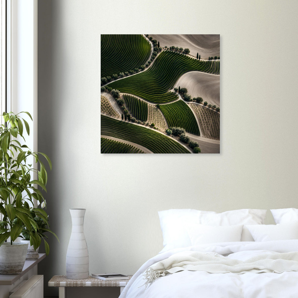 Wandposter mit Weinberglandschaft: geschwungene Reihen in Grün, helle Wege im Bild
