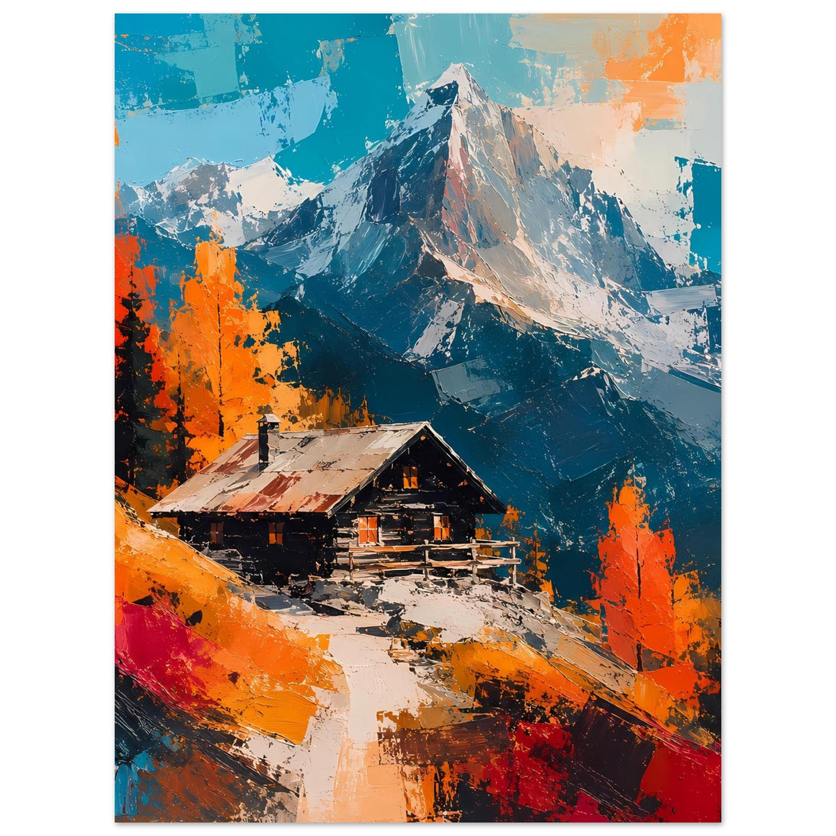 Herbstliches Bergposter mit Blockhütte im Vordergrund und bunten Bergen, kräftige Orange- und Blautöne