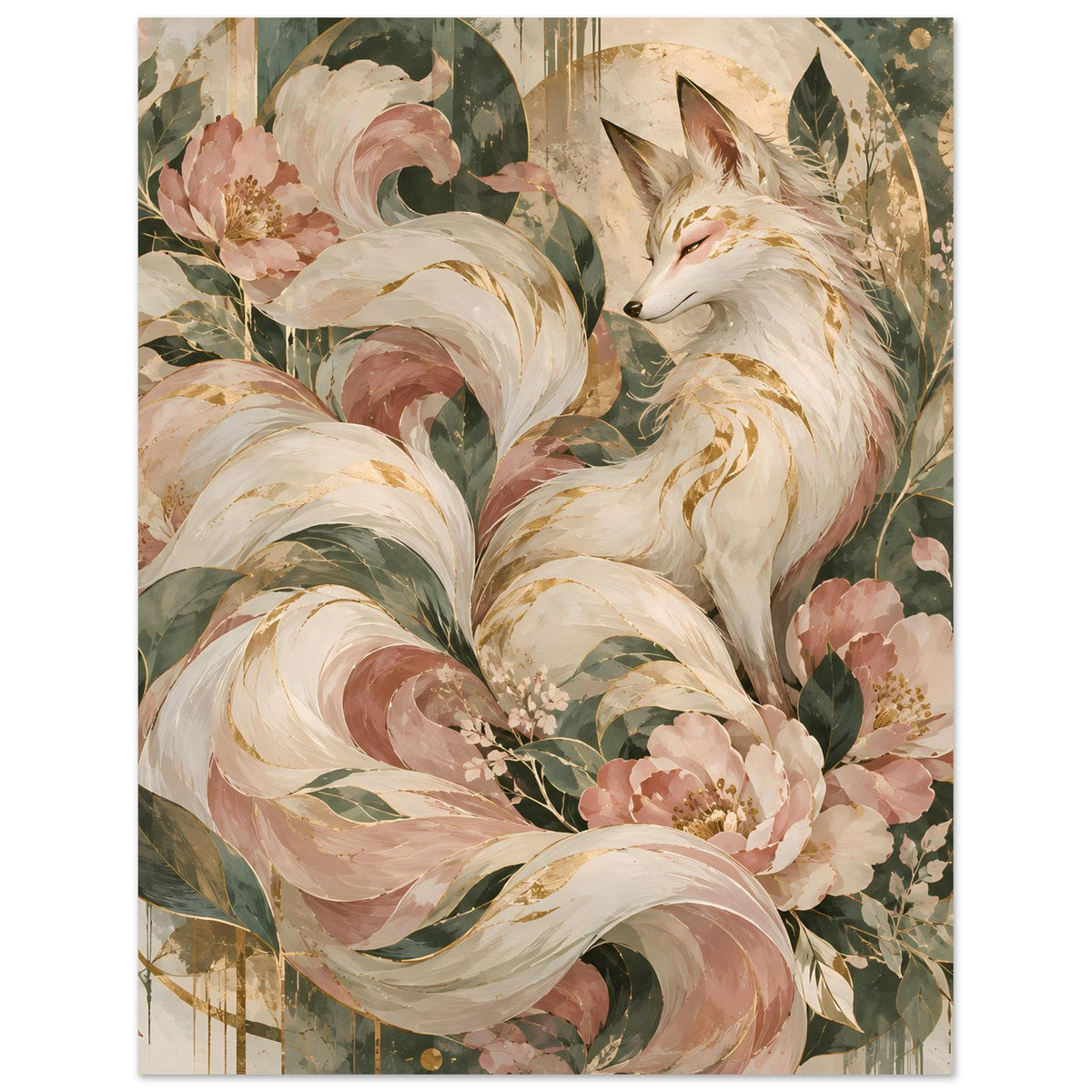 Poster mit Fuchs und Blüten in Rosa, Grün und Gold