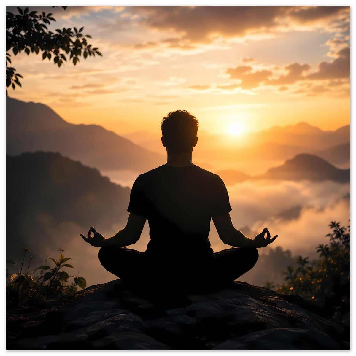 Poster mit Meditationssilhouette auf Fels, Sonnenuntergang zwischen Bergzügen und Nebel