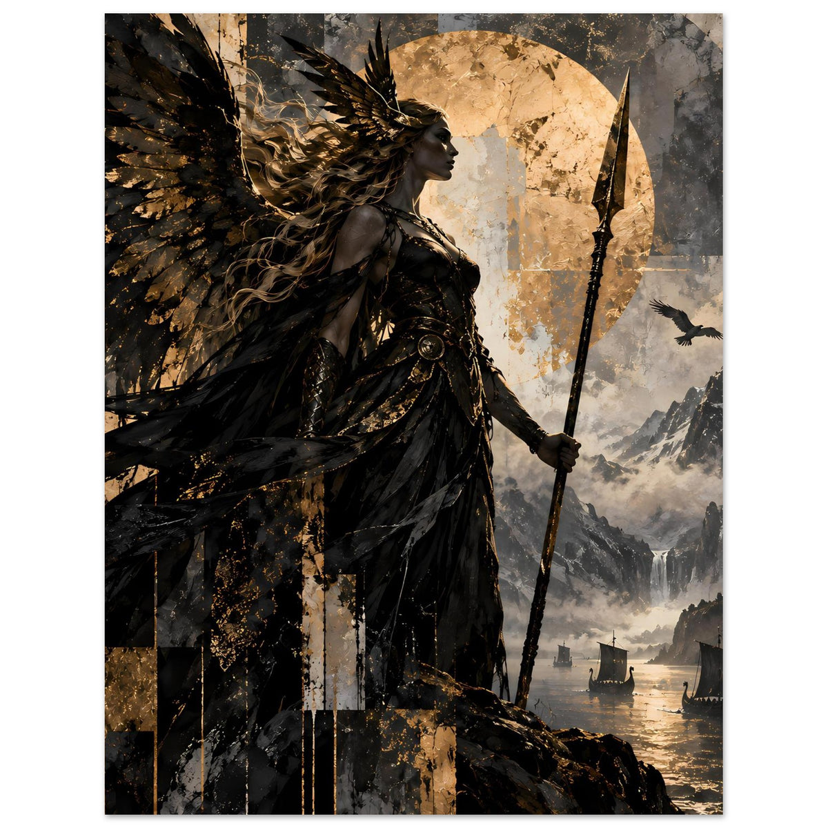 Kunstposter im Hochformat: schwarze Flügelkriegerin mit Speer und goldener Mondsichel