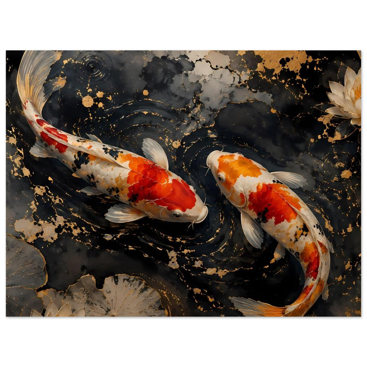 Koi-Karpfen-Poster mit zwei Fischen und Seerosenblatt am Rand im schwarzen Wasser