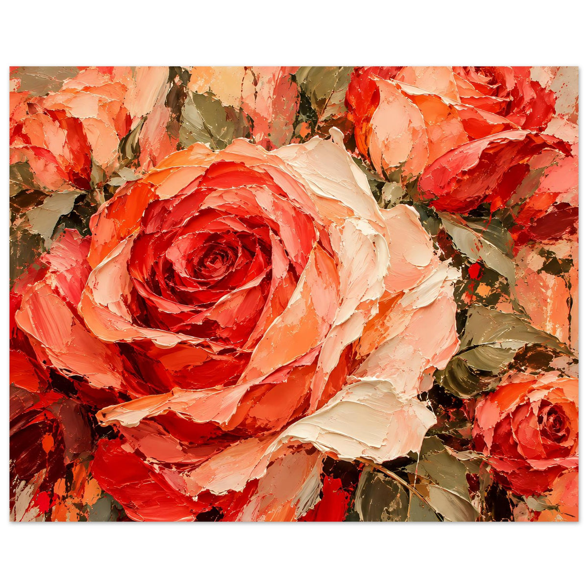 Poster mit Rosenbouquet im Nahdetail: zentrale rote Blüte, umgebende orangefarbene Blüten