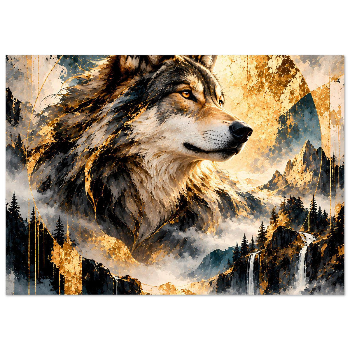 Wolf-Artposter mit goldenem Sprenkel, Wasserfall und dunklen Bergsilhouetten