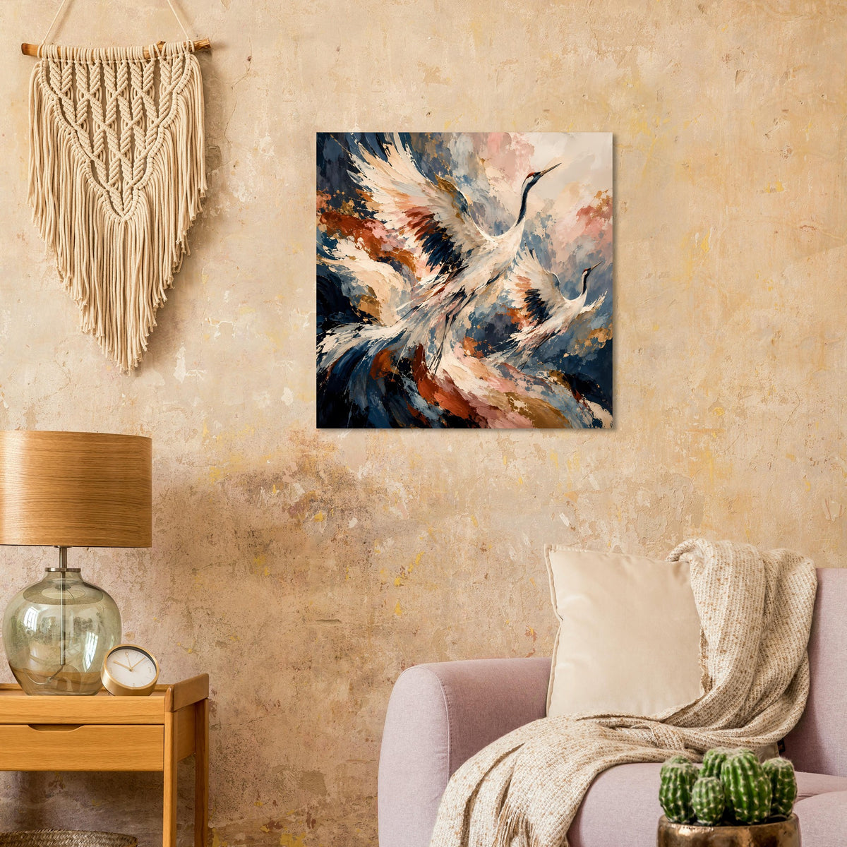 Wandposter mit fliegenden Kranichen in Aquarelloptik, sanfte Erdtöne, quadratisches Format