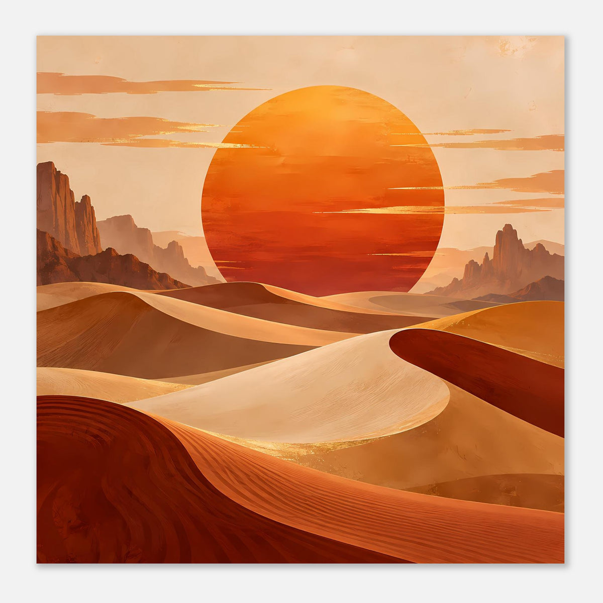 Horizontales Poster mit großer orangefarbener Sonne, Wüstendünen und Felsbergen in Rot-Orange-Tönen.