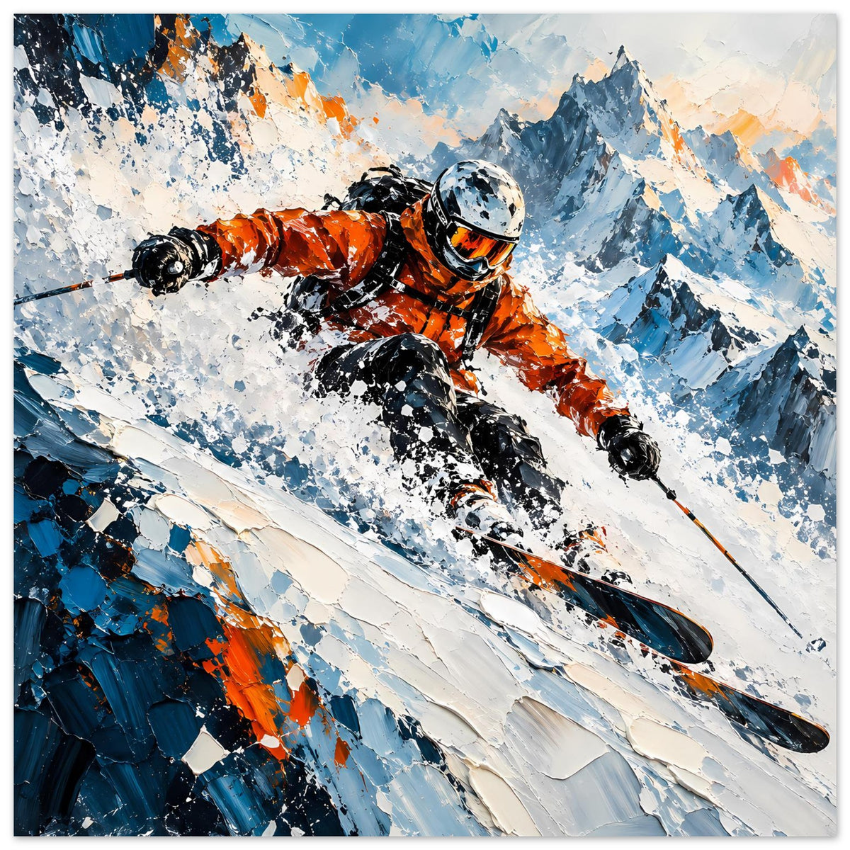 Skifahrer-Poster: orangefarbenes Outfit, schwarze Ski und Schneespritzer, Berge in Blau und Beige