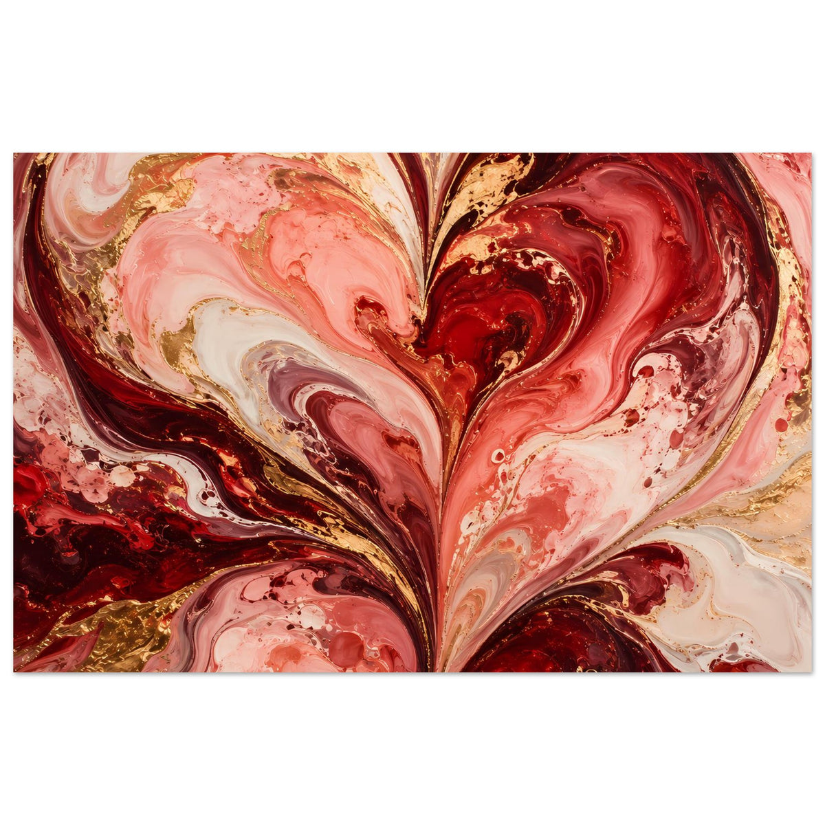 Liebesposter mit abstraktem Herzmotiv in Rot, Rosa und Gold, geäderte Farbmischung