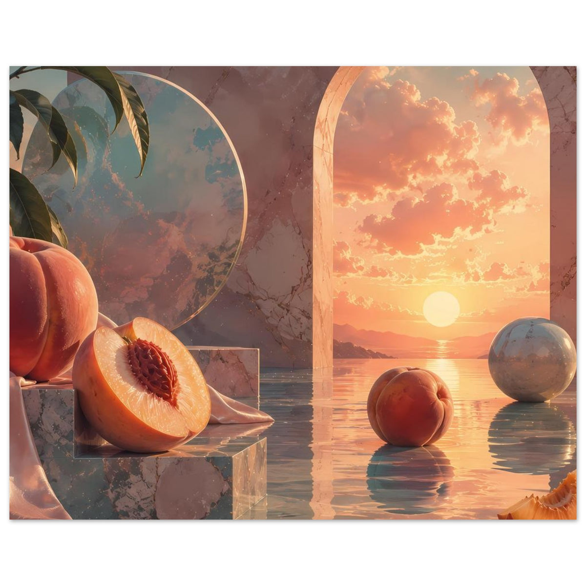 Kunstdruck-Poster mit Pfirsichen, rundem Bogen, Sonne über dem Meer und Wasserreflexen