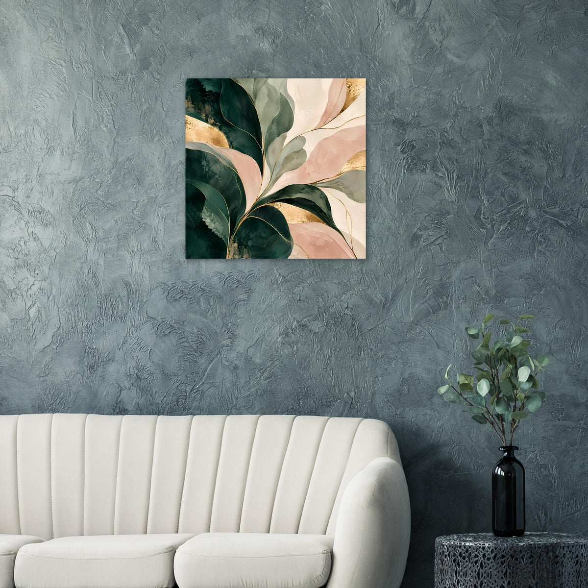 Kunstposter mit abstrakter Blattkomposition in Smaragdgrün, Rosé und Gold