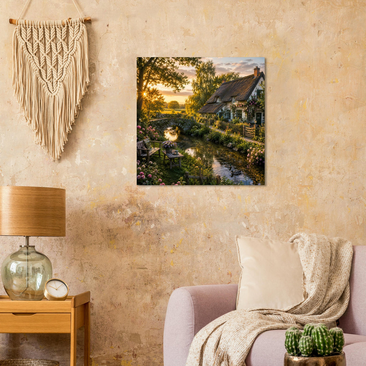 Quadratisches Poster mit Landhaus im Abendlicht und blühendem Gartenweg
