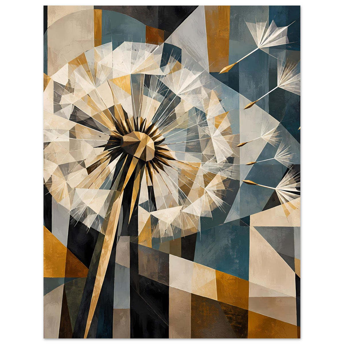 Dandelion-Wandposter mit geometrischem Dandelion, warmem Gelb, kühlem Blau und Weiß