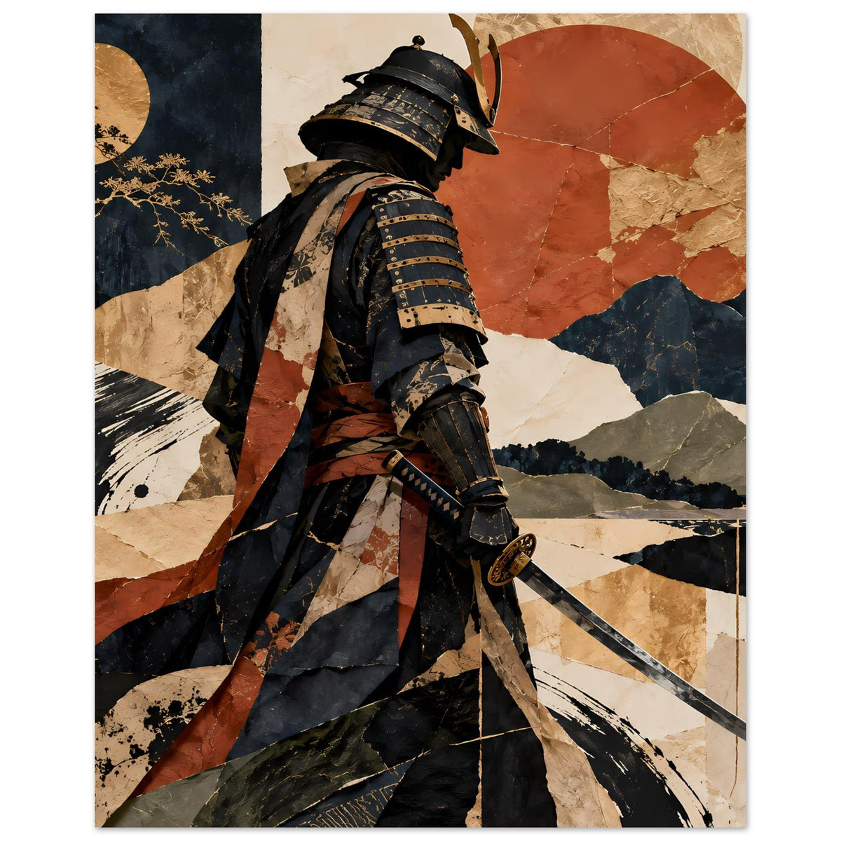 Poster im Hochformat: Samuraisilhouette mit Schwert, schwarzer Helm, erdige Berg- und Kreisformen.