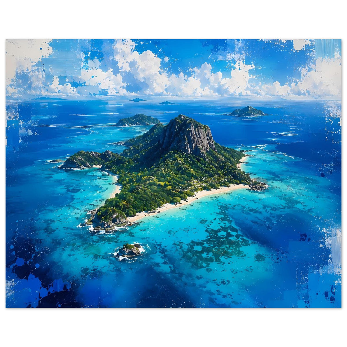 Poster mit tropischer Insel und markantem Felsberg, türkisblaues Meer und Sandküste