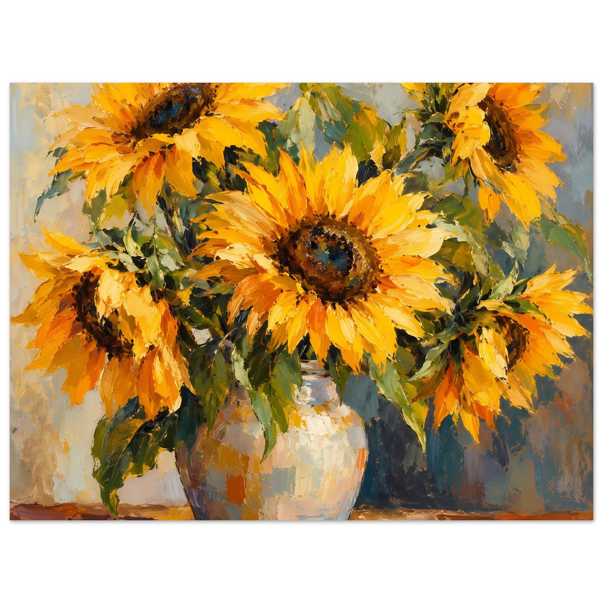 Sonnenblumen Poster mit gelben Blüten und grünen Blättern in weißer Vase, matte Papierfläche