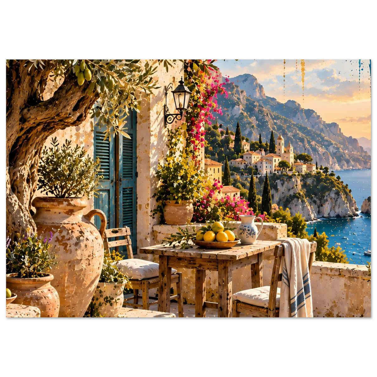 Sonnenuntergang-Poster mit Terrassentisch, Blumen, Stühlen und Blick auf Küstenlinie