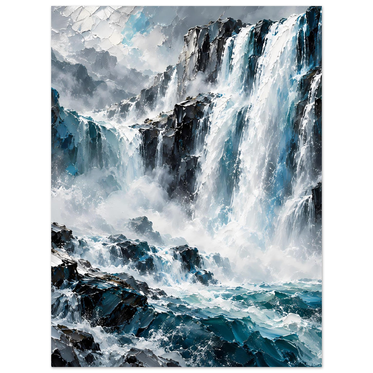 Wasserfall-Poster, Hochformat: große Fallstufen, Sprühnebel und blaugrünes Meer am Boden