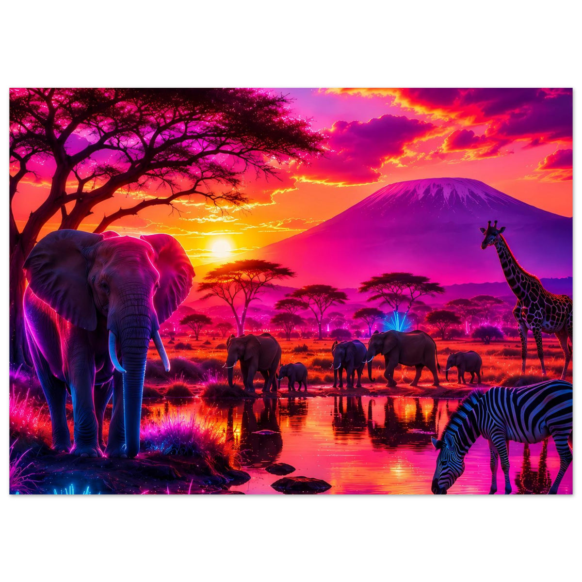 Querformat-Poster mit Elefanten, Giraffe, Zebra und farbenreichem Sonnenuntergang am Fluss