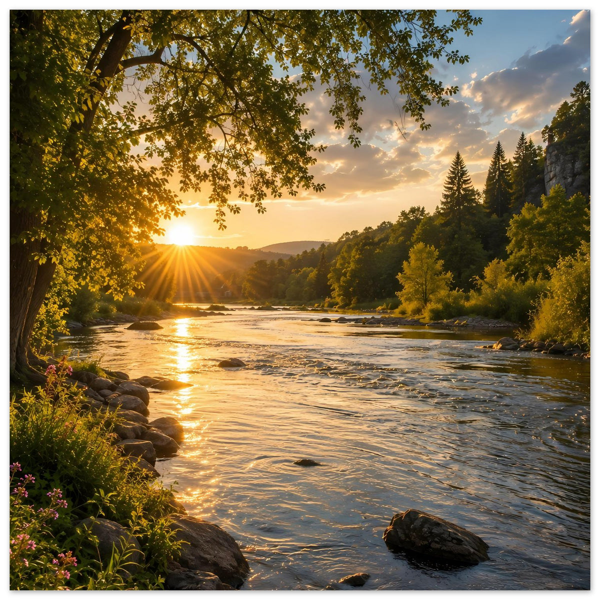 Naturposter: Flusslandschaft mit goldenen Lichtreflexen, Steinhaufen am Ufer und dichtem Grün