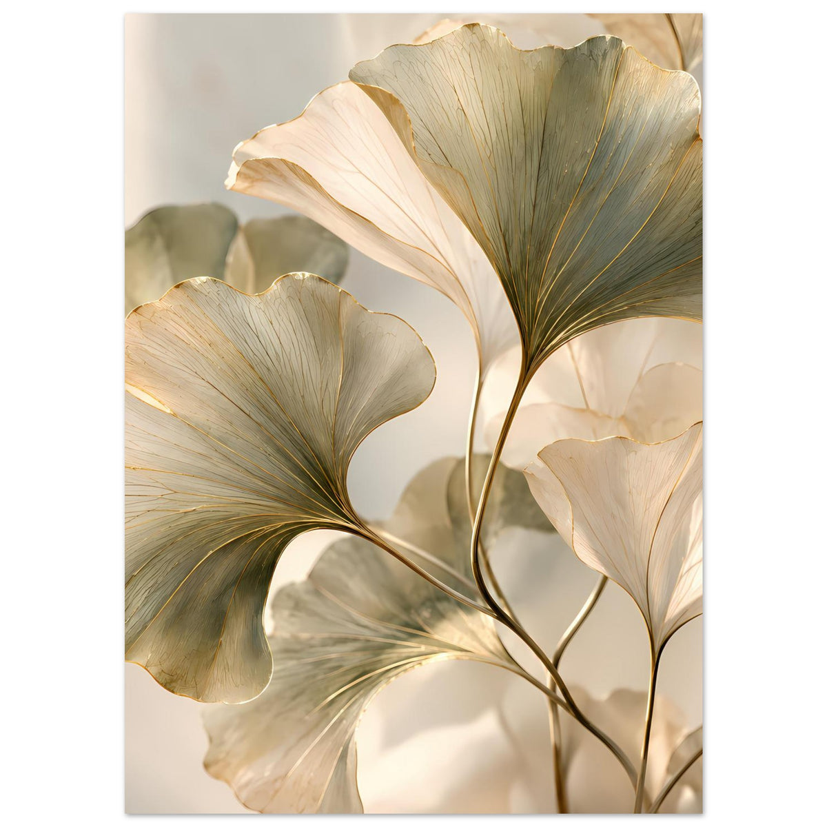 Botanisches Blätterposter, Nahansicht großer creme-goldener Blätter und grüner Blattadern