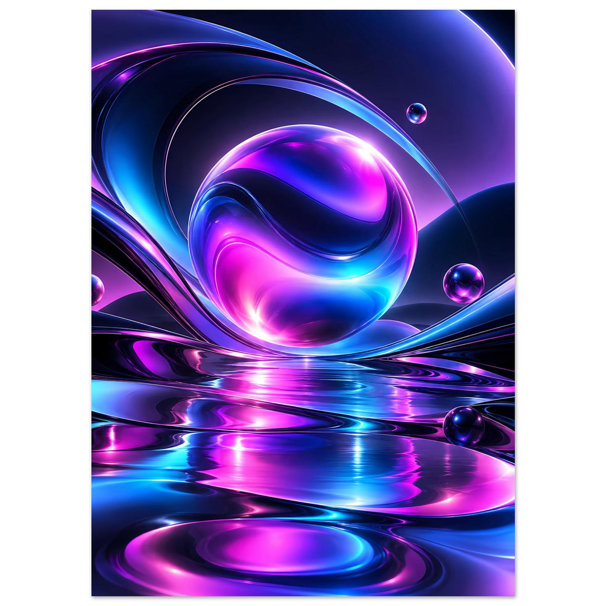 Poster mit Neon-Kugeln, violetten und blauen Lichtbahnen über reflektierendem Grund