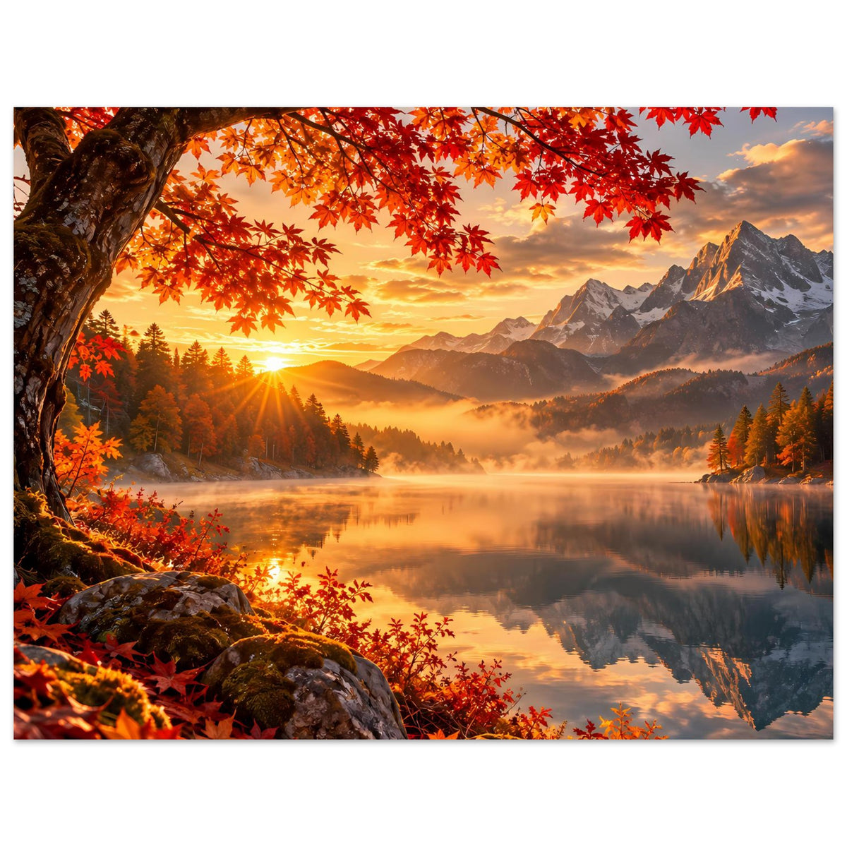Herbstlandschaft-Poster im Querformat mit warmem Licht, Berggipfeln, See und roten Ahornblättern