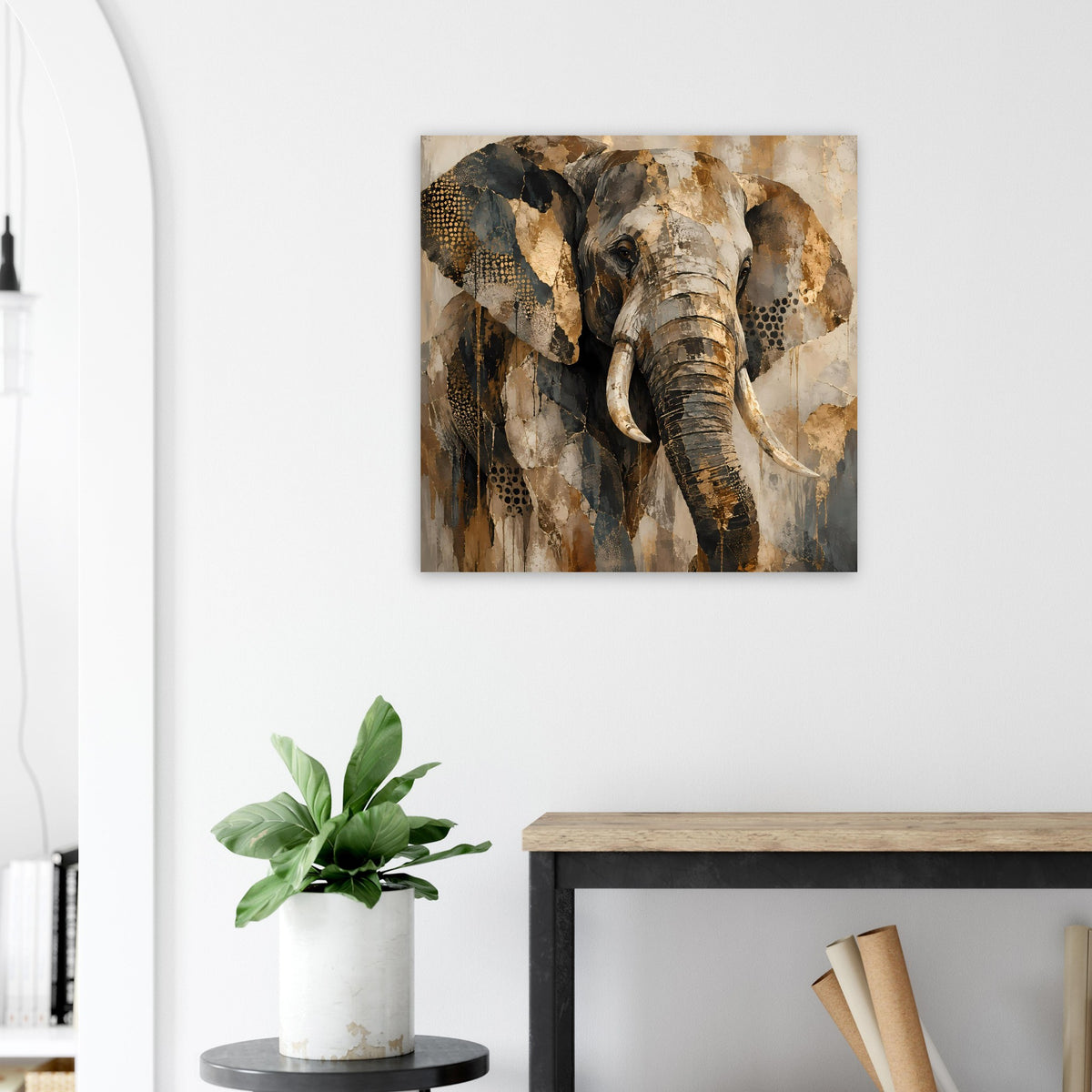 Elefantenkunst-Poster mit Elefantenmotiv in warmen Braun- und Beigetönen