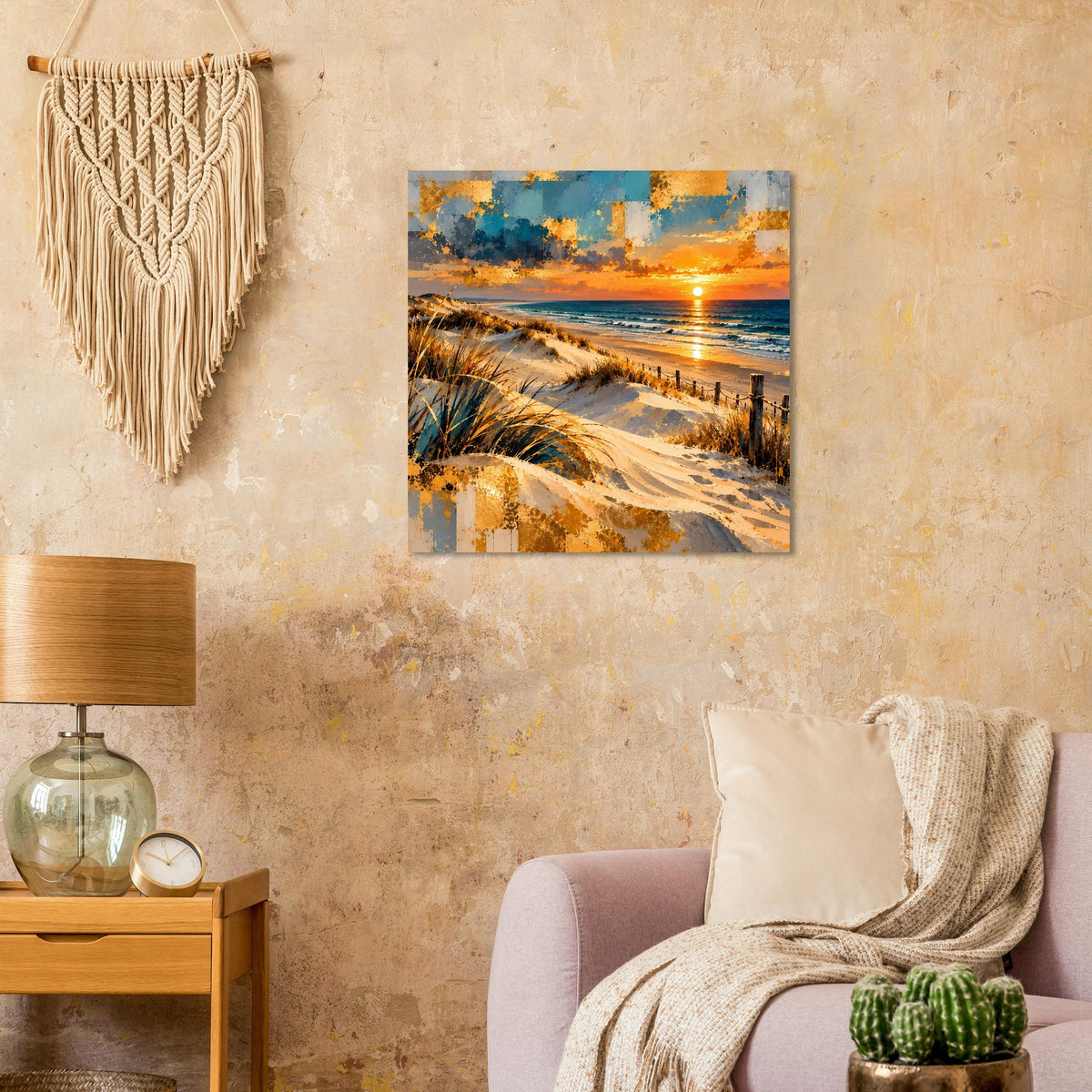 Wandposter mit Dünenlandschaft, Sandpfad, Wellen und Sonne am Horizont