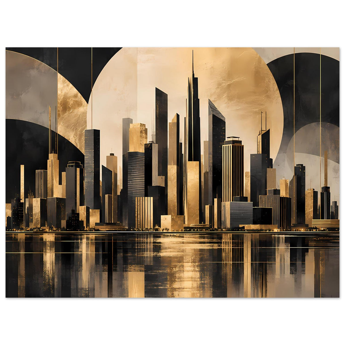 Horizontales Stadtposter mit goldschwarzer Skyline, Rundbögen und Wasserreflexion