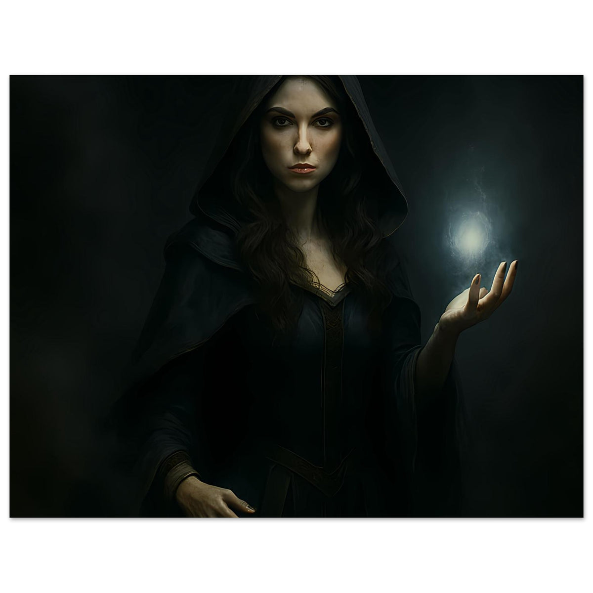 Dunkle Fantasy-Kunstprint: Kapuzenträgerin, dunkler Mantel, leuchtende Kugel in erhobener Hand