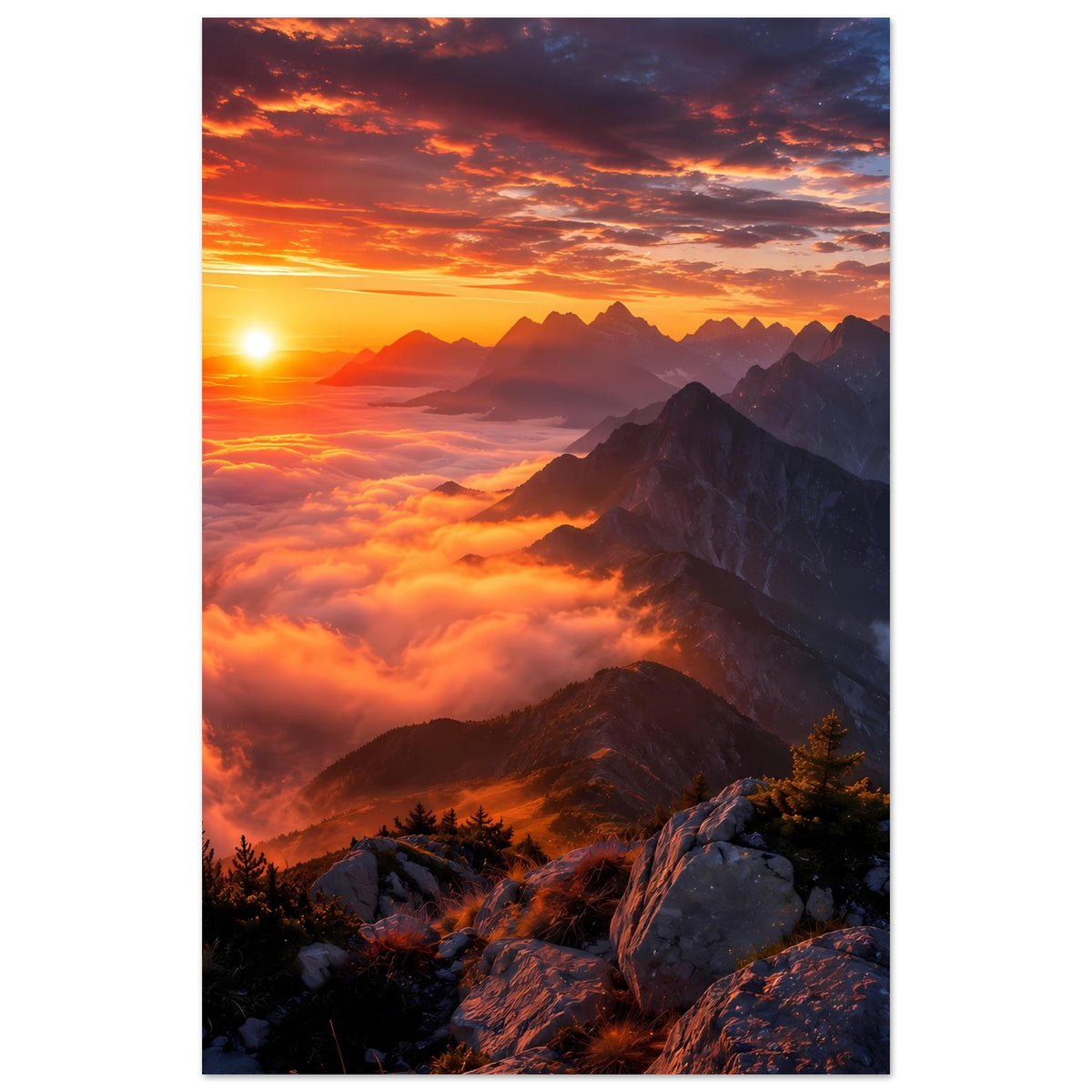 Vertikales Poster mit Sonnenaufgang über Berggipfeln, Wolken und Fichten