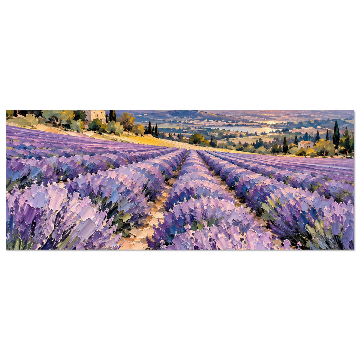 Horizontales Poster mit Lavendelfeld im Sonnenuntergang, Dorf am Rand der Landschaft