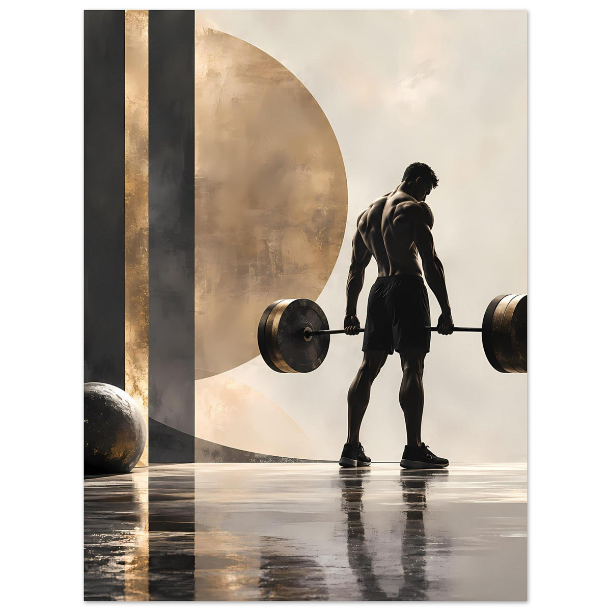 Krafttraining-Poster im Hochformat: Silhouette beim Heben, Linien und Kreisflächen